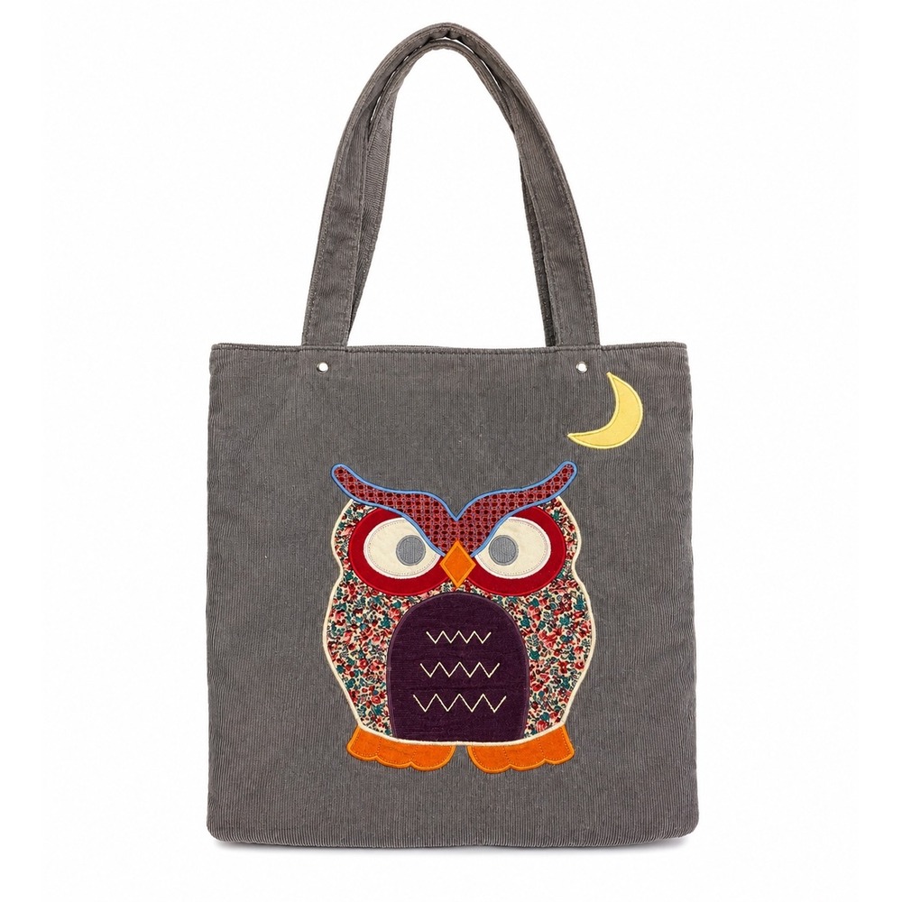 Chateau Vintage Y2K Gray Corduroy Owl Appliqué Boho Tote Bag Shoulder Purse